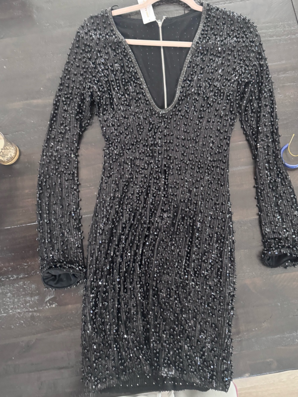 Black Beaded Long-Sleeve Sweater Dress